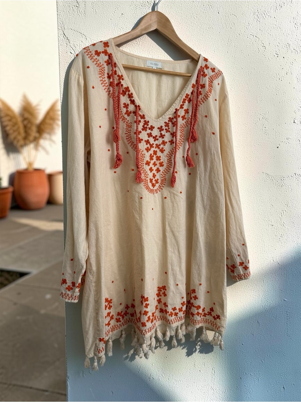 Velzera Cream Tunic with Orange Floral Embroidery